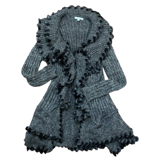 Women’s Steampunk Cardigan Gray Black Fur Trim Layered Ruffles Flowy Hemline - Picture 2 of 11